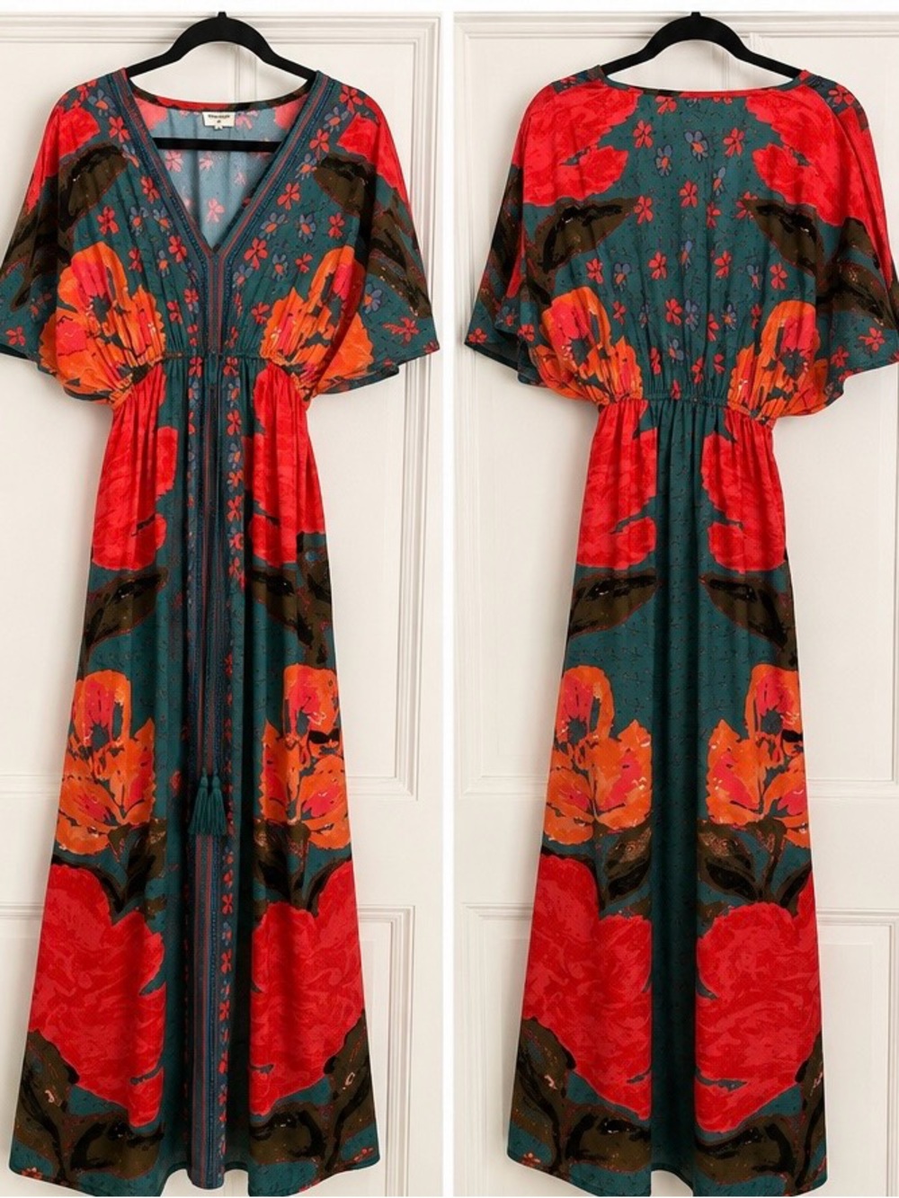 World Market Floral Boho Maxi Dress S/M Kimono Sleeve Tassel Vacation Dress